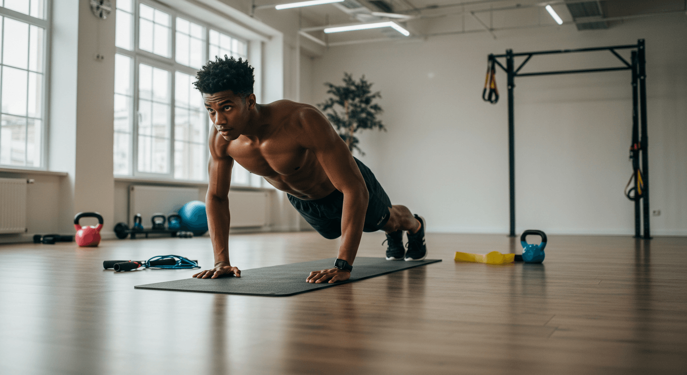 Male athlete performing push-ups in an indoor gym, showcasing a Beginner Gym Workout Routine for Full Body Fitness.