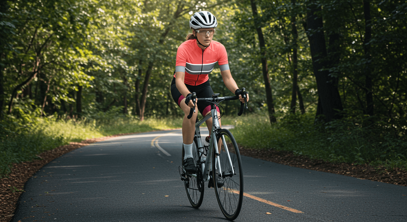 Cycling Safety Tips for Road and Trail Riding - cyclist riding on a winding road through a wooded area.