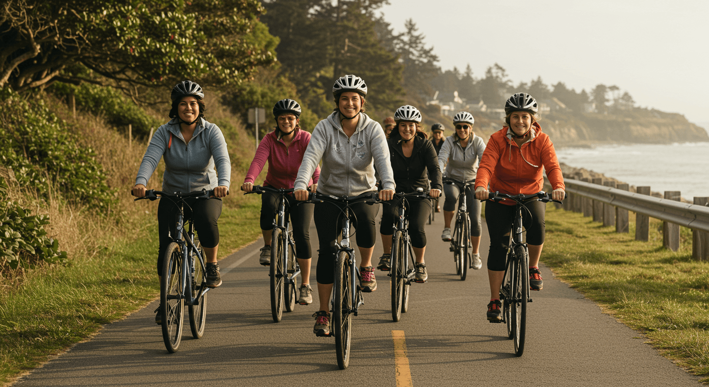 Cycling in Different Seasons: Tips and Gear Recommendations - group of women cycling on a scenic path