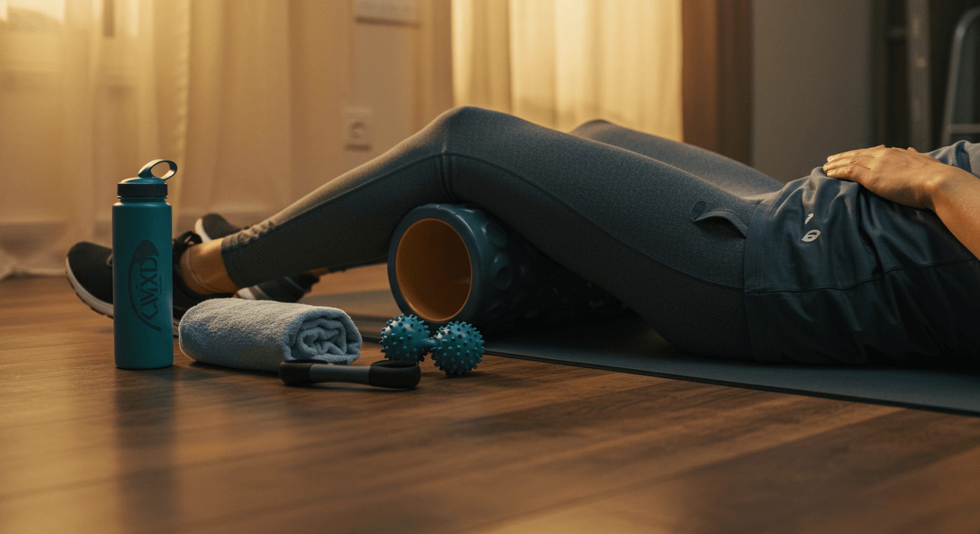 Importance of Rest and Recovery in Fitness with foam roller, water bottle, and towel in a relaxing workout setting.