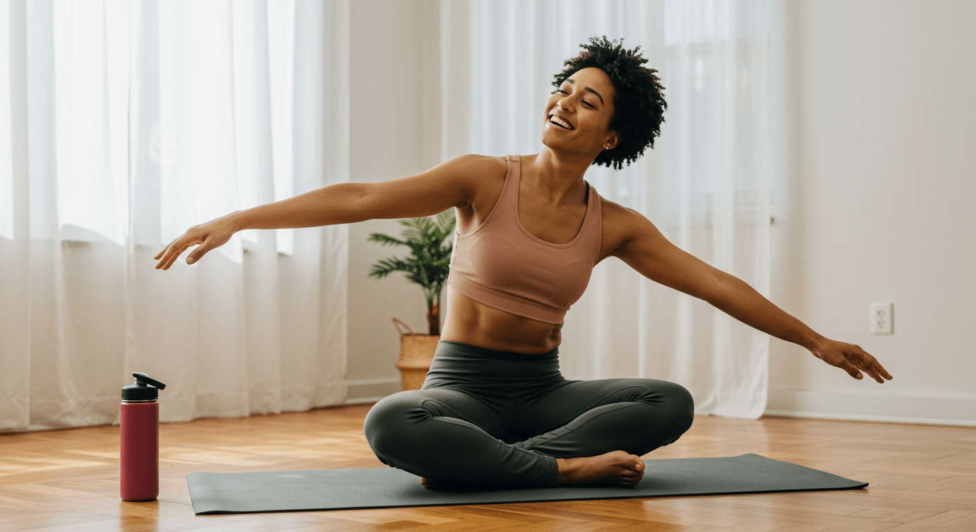 Building a Positive Relationship with Exercise: woman stretching on yoga mat, happy and energized.