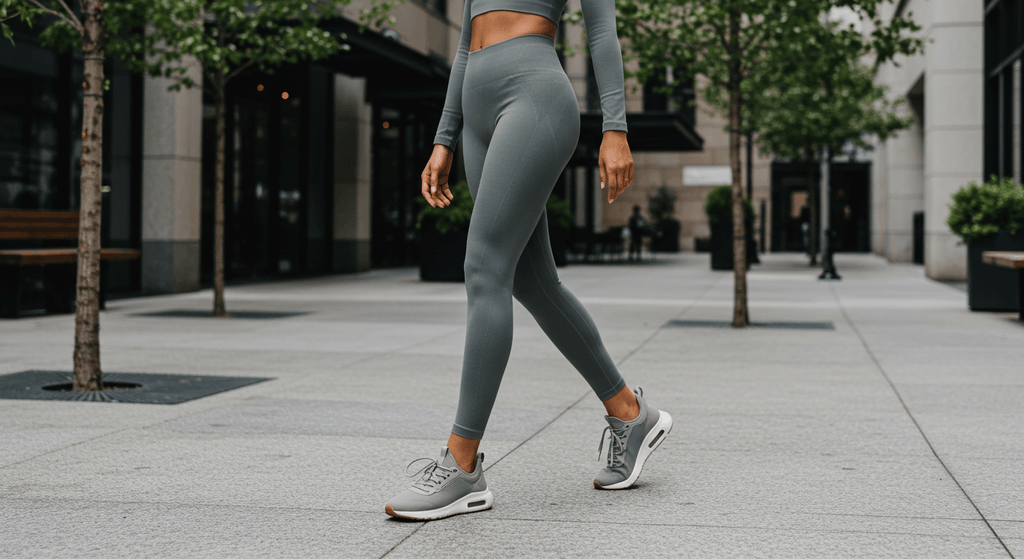 Athleisure on a Budget: Affordable Looks with ProfitOutfits - Woman walking in stylish gray athleisure leggings and sneakers.