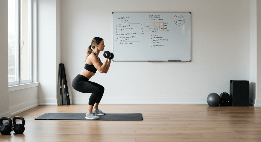 Creating a Personalized Workout Plan: woman doing squats with dumbbells in home gym setting.