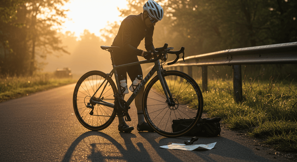 Cyclist preparing for their first cycling event by studying a map outdoors at sunrise.