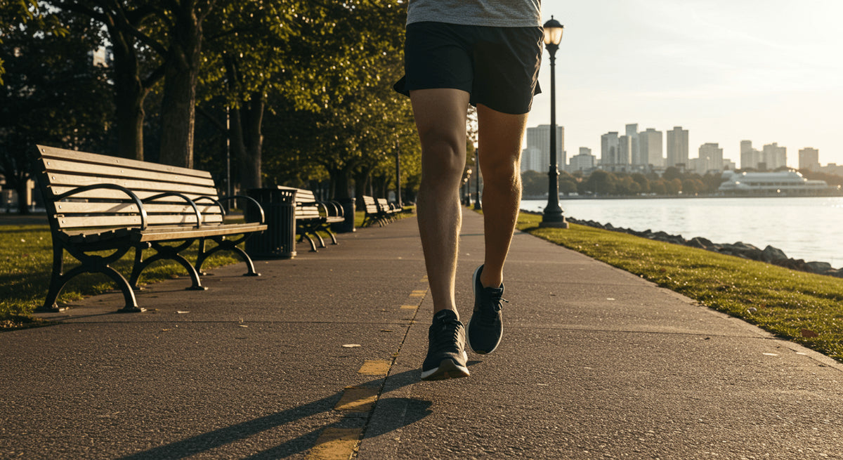 Running Hydration Pack Comparison: A runner jogging along a scenic waterfront path in the city.