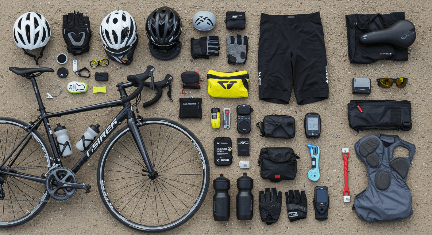 Essential Cycling Accessories for Comfort and Performance, featuring bike, gear, helmets, gloves, shorts, and tools.