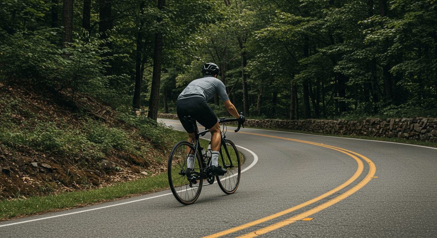 Cycling Workouts for Climbing Hills: Cyclist navigating a winding road through a lush forest.