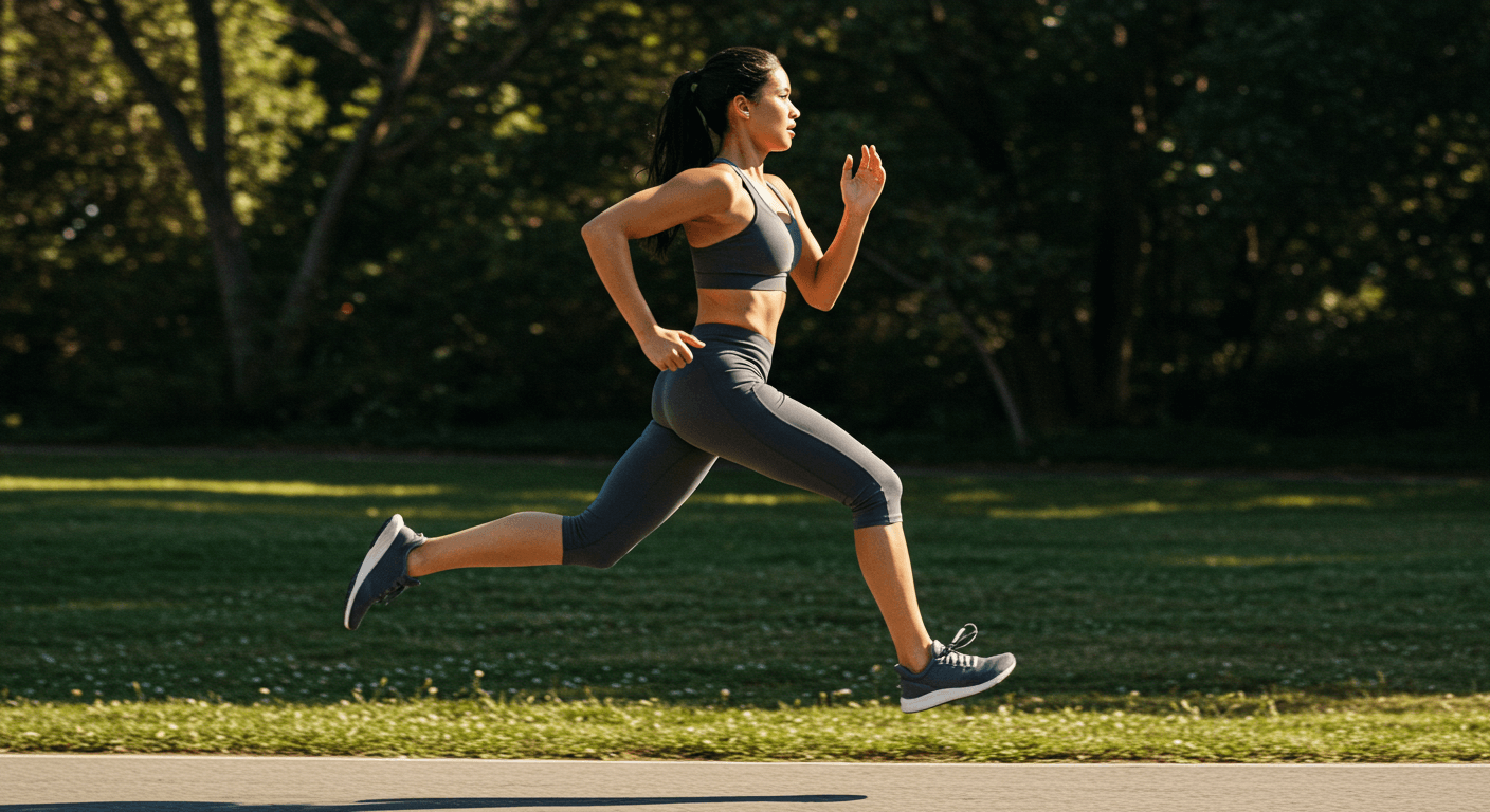 Woman running in athletic gear as part of essential running accessories for comfort and safety.