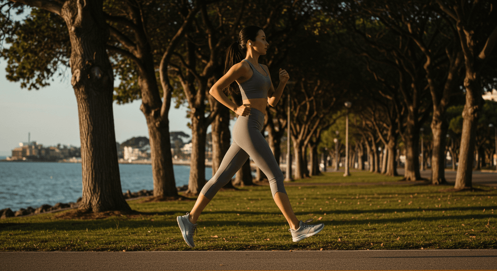 Woman jogging in athletic wear on a scenic path, embodying the Tips for Staying Motivated to Run.