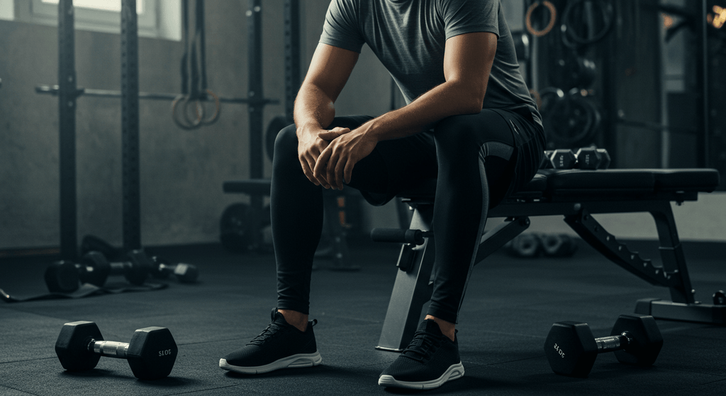 A man sitting on a bench in a gym, looking contemplative about overcoming fitness plateaus.