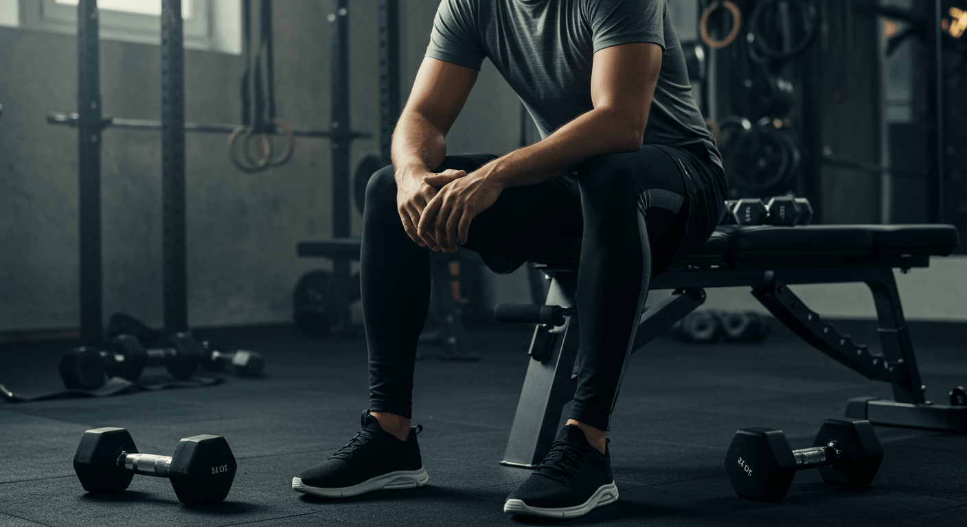 A man sitting on a bench in a gym, looking contemplative about overcoming fitness plateaus.