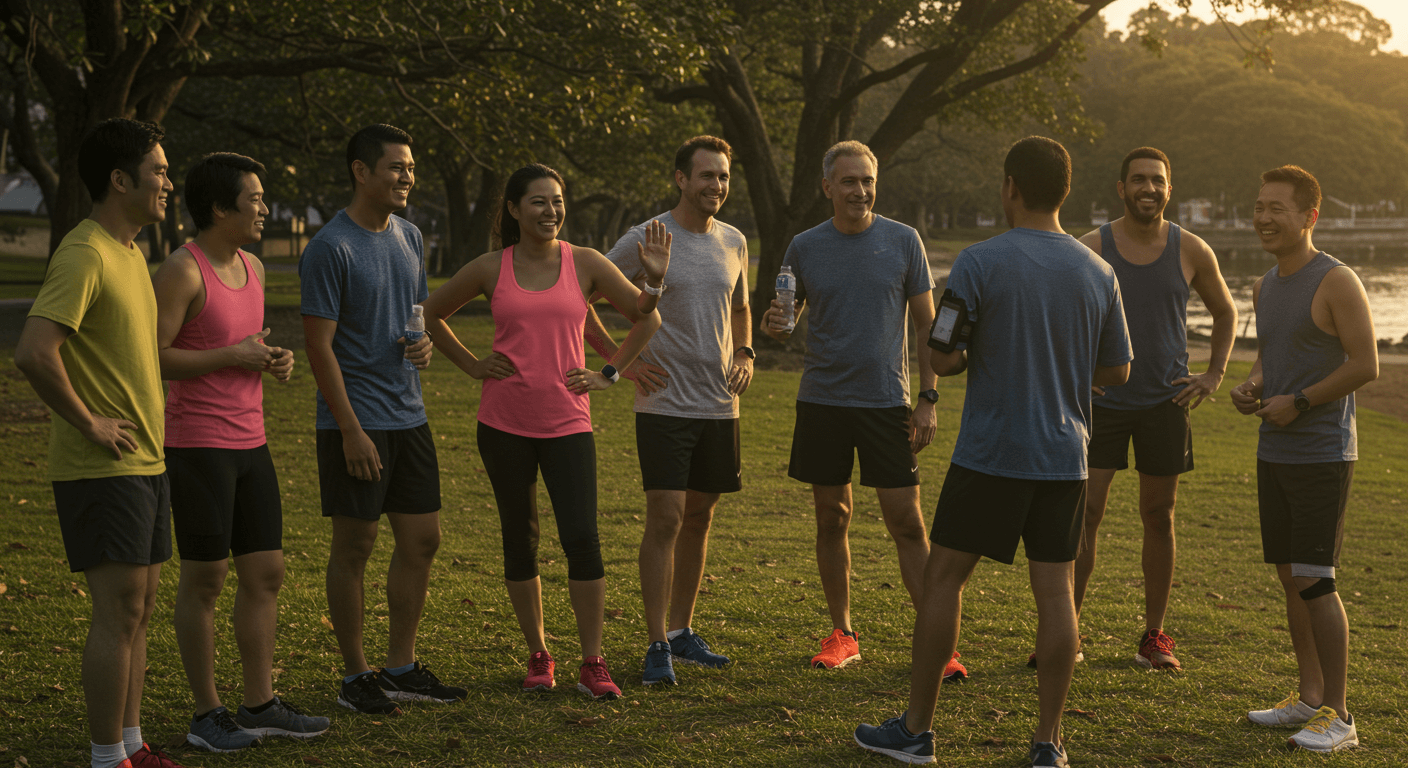 Running Community Spotlight: Local Running Group, runners gathered in a park for a group run.