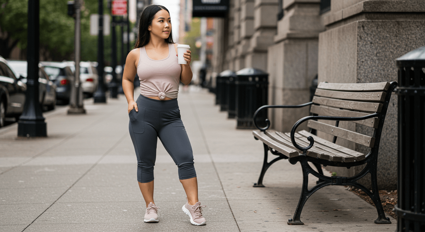 Athleisure Outfits for Petite Women featuring a woman in stylish athleisure wear walking on the street