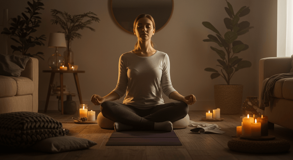 A woman sitting cross-legged in meditation practices for stress reduction surrounded by candles and plants in a serene setting.