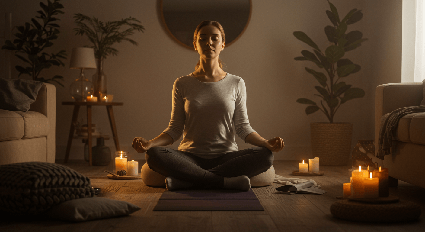 A woman sitting cross-legged in meditation practices for stress reduction surrounded by candles and plants in a serene setting.