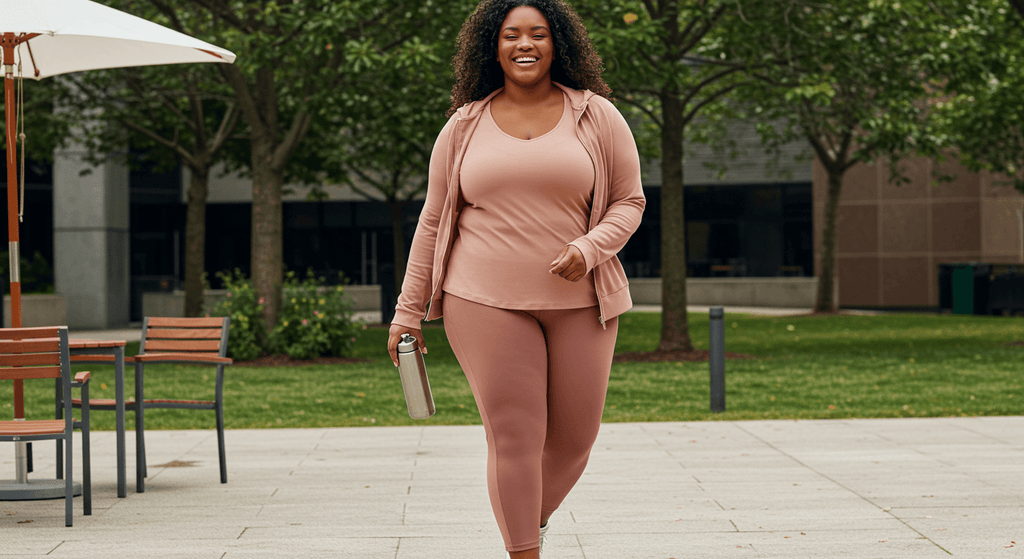 Flattering Athleisure Looks for Plus-Size Women: A confident plus-size woman in athleisure wear walking outside.