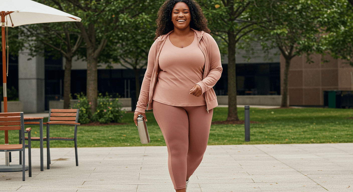 Flattering Athleisure Looks for Plus-Size Women: A confident plus-size woman in athleisure wear walking outside.