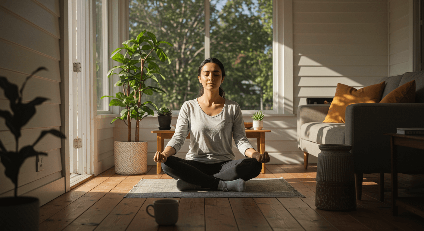 How to Cultivate Mindfulness in Everyday Life - woman meditating peacefully in a sunlit room surrounded by plants.