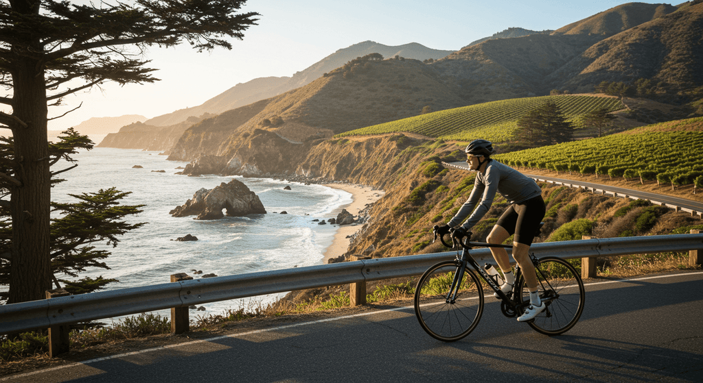 Top 5 Scenic Cycling Routes in California: cyclist biking along a coastal road with vineyards and mountains in the background.
