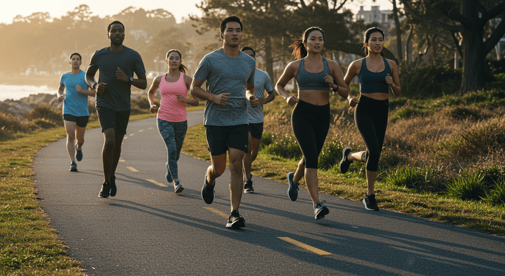 Motivational Quotes for Runners group of diverse runners jogging along a scenic pathway during sunset.