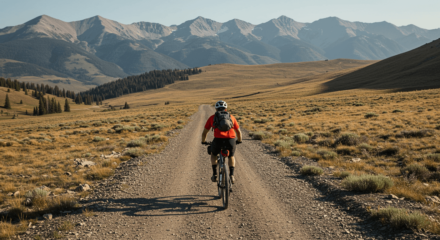 A cyclist bikepacking the Great Divide Mountain Bike Route through a scenic mountain landscape.