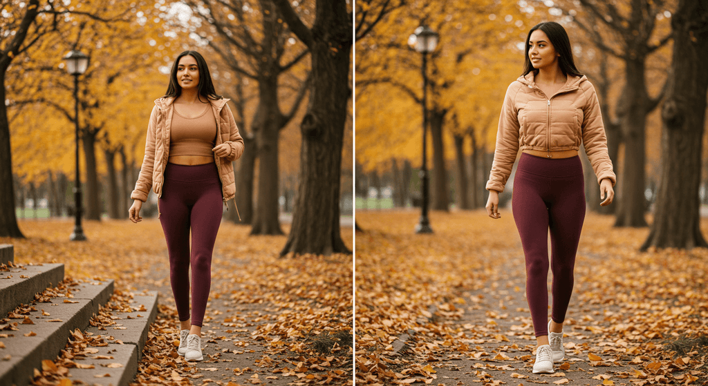 Fall Athleisure Outfits: Cozy and Chic Looks - Woman in fall athleisure walking through autumn leaves.