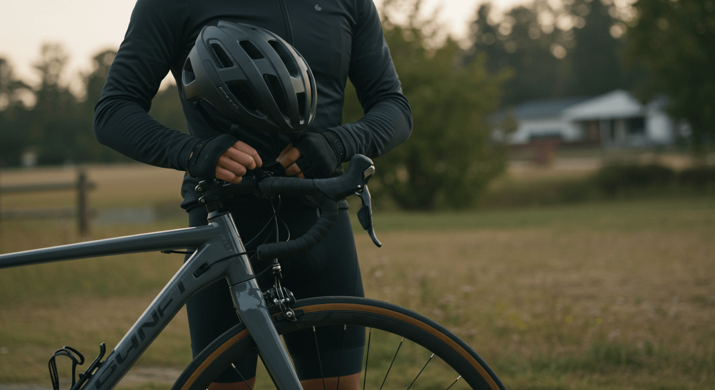Cycling Helmet Comparison: Top Safety Features - cyclist holding a helmet near a bike outdoors.