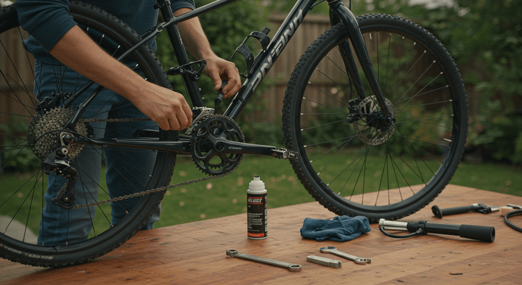 Bike Maintenance Basics: Learn How to Tune Up Your Bike - A cyclist performing bike maintenance on a mountain bike.