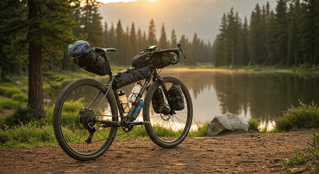 Bikepacking Gear Essentials for Your Next Adventure with bike by a serene lake at sunset.