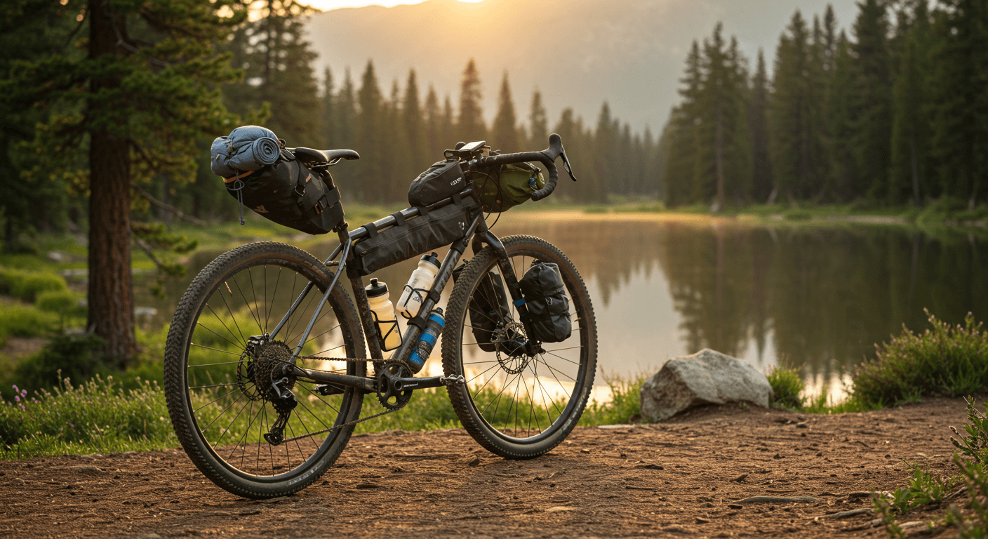 Bikepacking Gear Essentials for Your Next Adventure with bike by a serene lake at sunset.