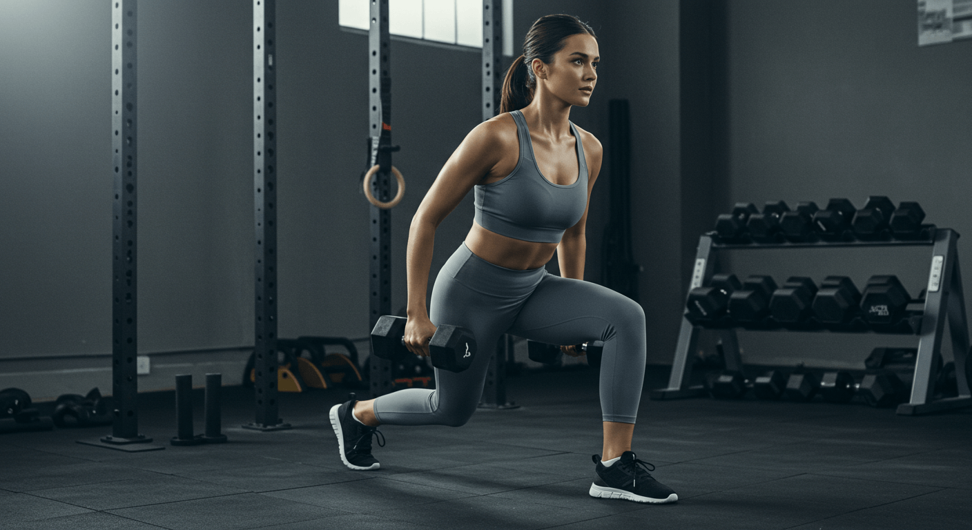 A woman performing lunges in a gym, showcasing Pre and Post Training Nutrition Tips through fitness motivation.