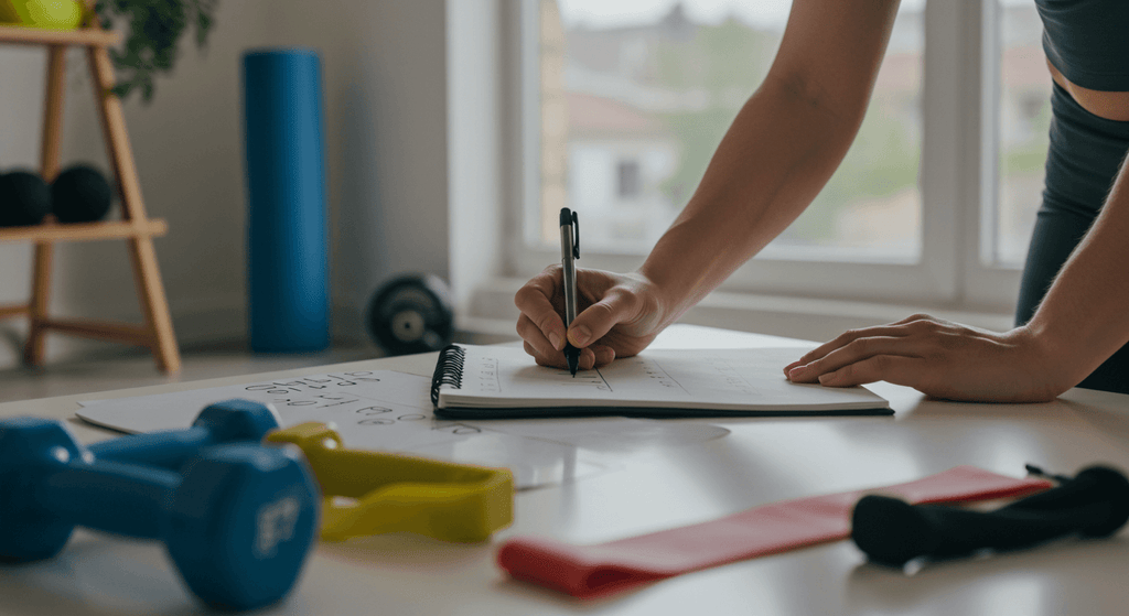 Person writing down fitness plans and SMART goals with dumbbells and resistance bands nearby.