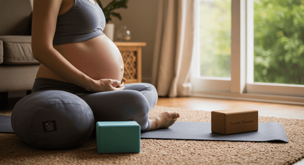 Pregnant woman practicing prenatal yoga with blocks, promoting safe and beneficial poses for expecting mothers.