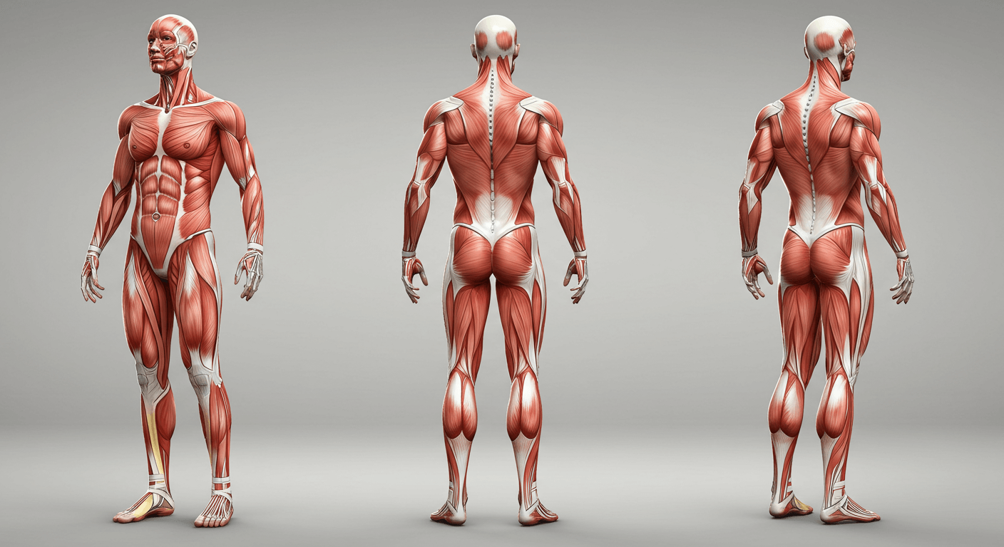 Workout Routines for Specific Muscle Groups illustrated with detailed human anatomy model showing muscle groups.