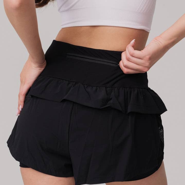 Review: ProfitOutfits Cycling Shorts and Tops - Back view of stylish black cycling shorts with ruffle details.