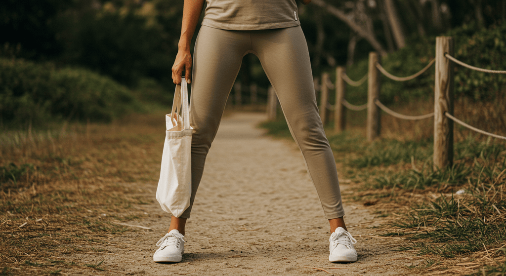 Sustainable Athleisure: Eco-Friendly Choices from ProfitOutfits, person in eco-friendly athleisure wear on a nature path.