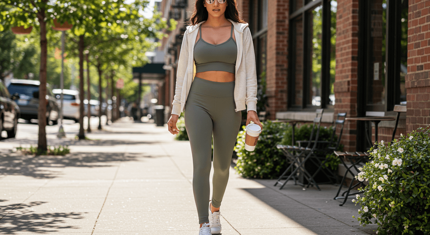 Celebrity Athleisure Inspiration: Get the Look with ProfitOutfits - Woman in stylish athleisure outfit walking outdoors.