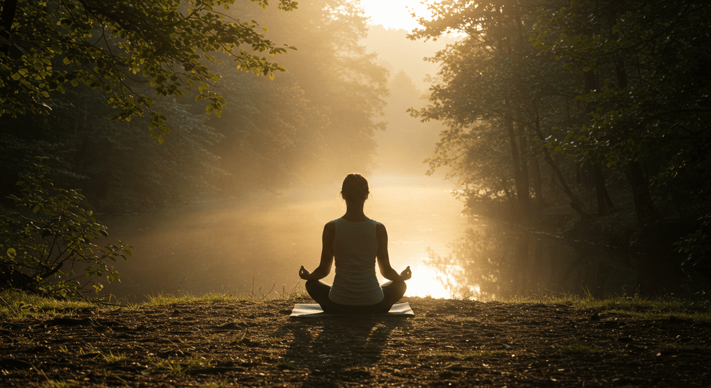 Person meditating by a serene river at dawn, embodying mindfulness techniques for beginners.