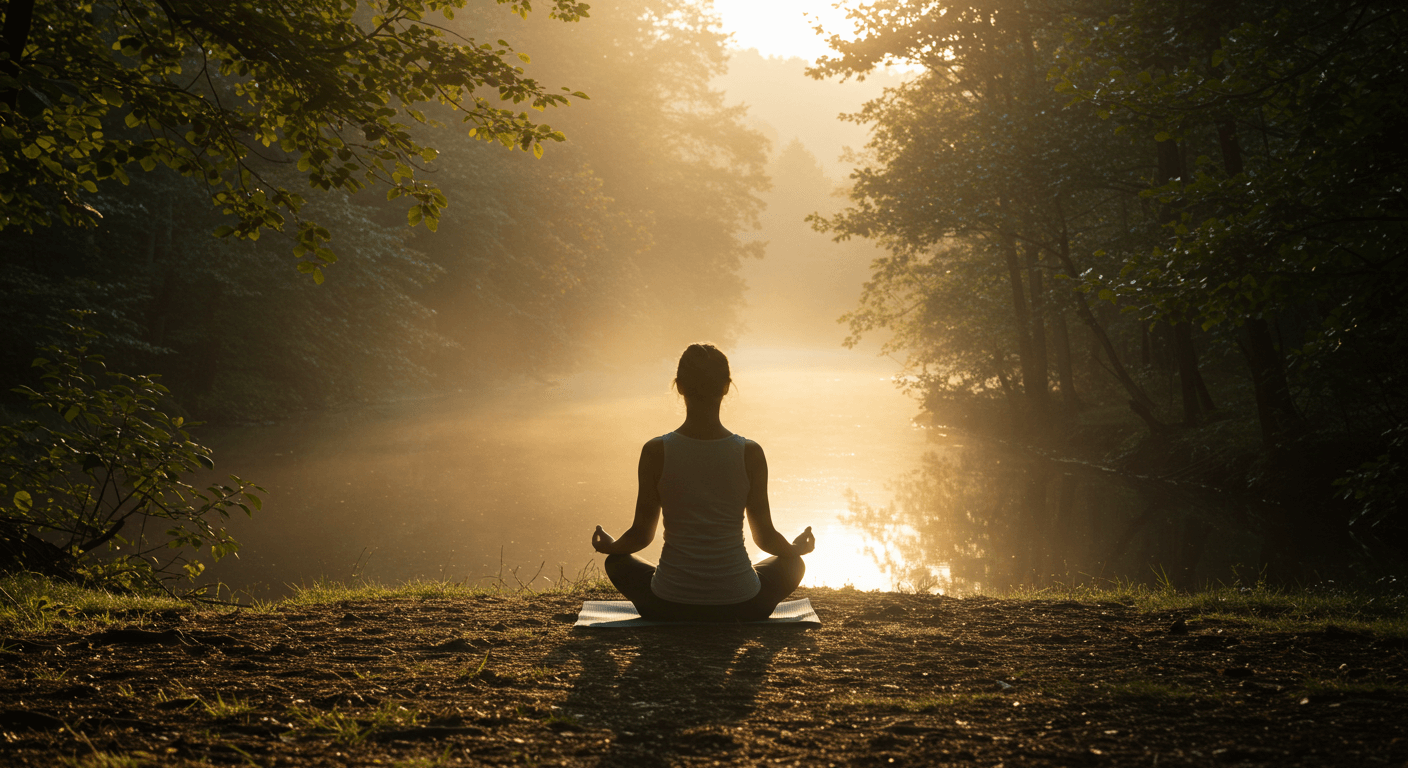 Person meditating by a serene river at dawn, embodying mindfulness techniques for beginners.