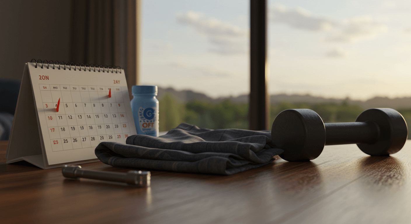 Staying Motivated to Exercise Regularly with a calendar, dumbbell, workout shirt, and water bottle.