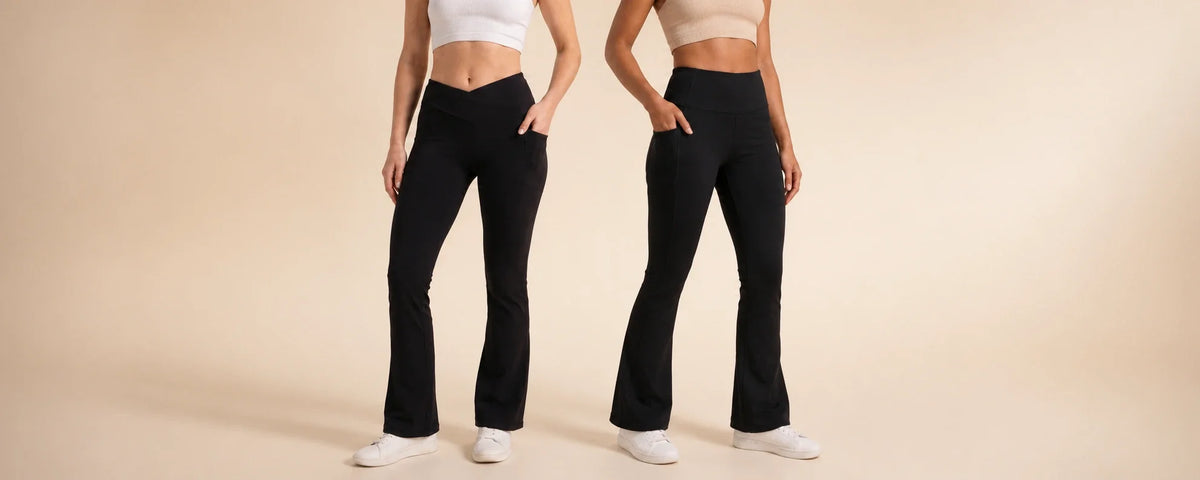 Black SoftTouch pocket flare leggings from Profit Outfits shown full length