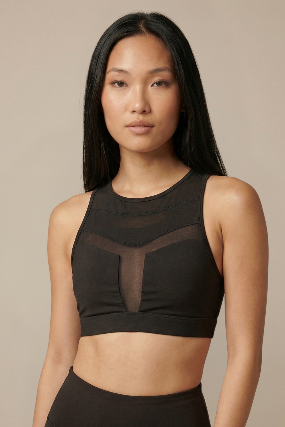 Mesh Panel High-Neck Strappy Sports Bra