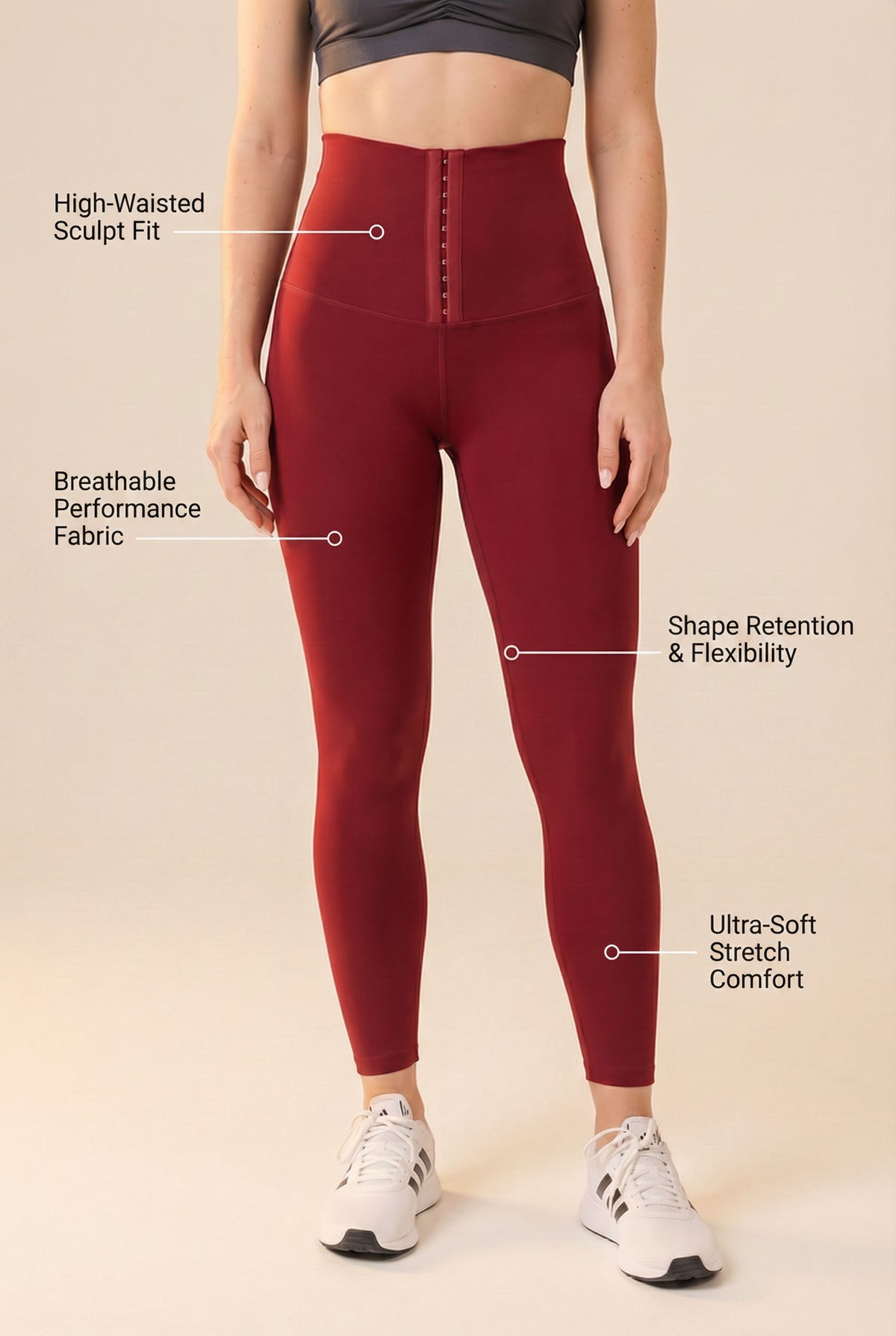 Contour Hook-Front High-Waist Legging - Date Red Apparel & Accessories > Activewear > Leggings > High-Waist Leggings by Profit Outfits