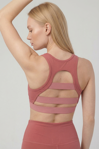 Mesh Panel High-Neck Strappy Sports Bra Apparel & Accessories > Activewear > Sports Bras by Profit Outfits