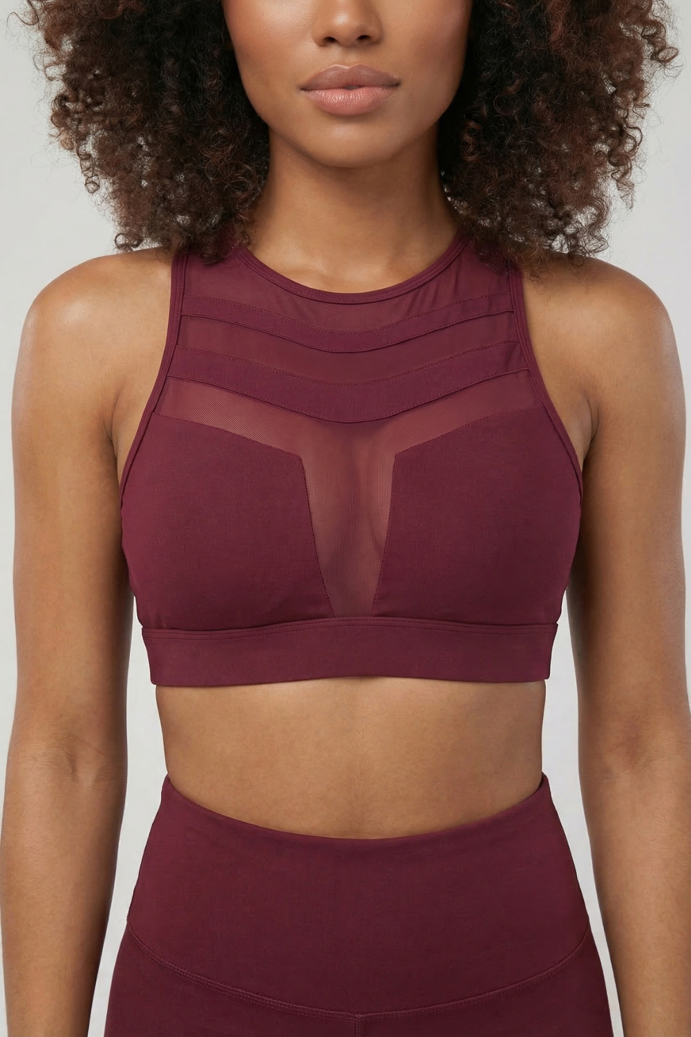 Mesh Panel High-Neck Strappy Sports Bra Apparel & Accessories > Activewear > Sports Bras by Profit Outfits
