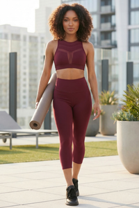 Mesh Panel High-Neck Strappy Sports Bra Apparel & Accessories > Activewear > Sports Bras by Profit Outfits