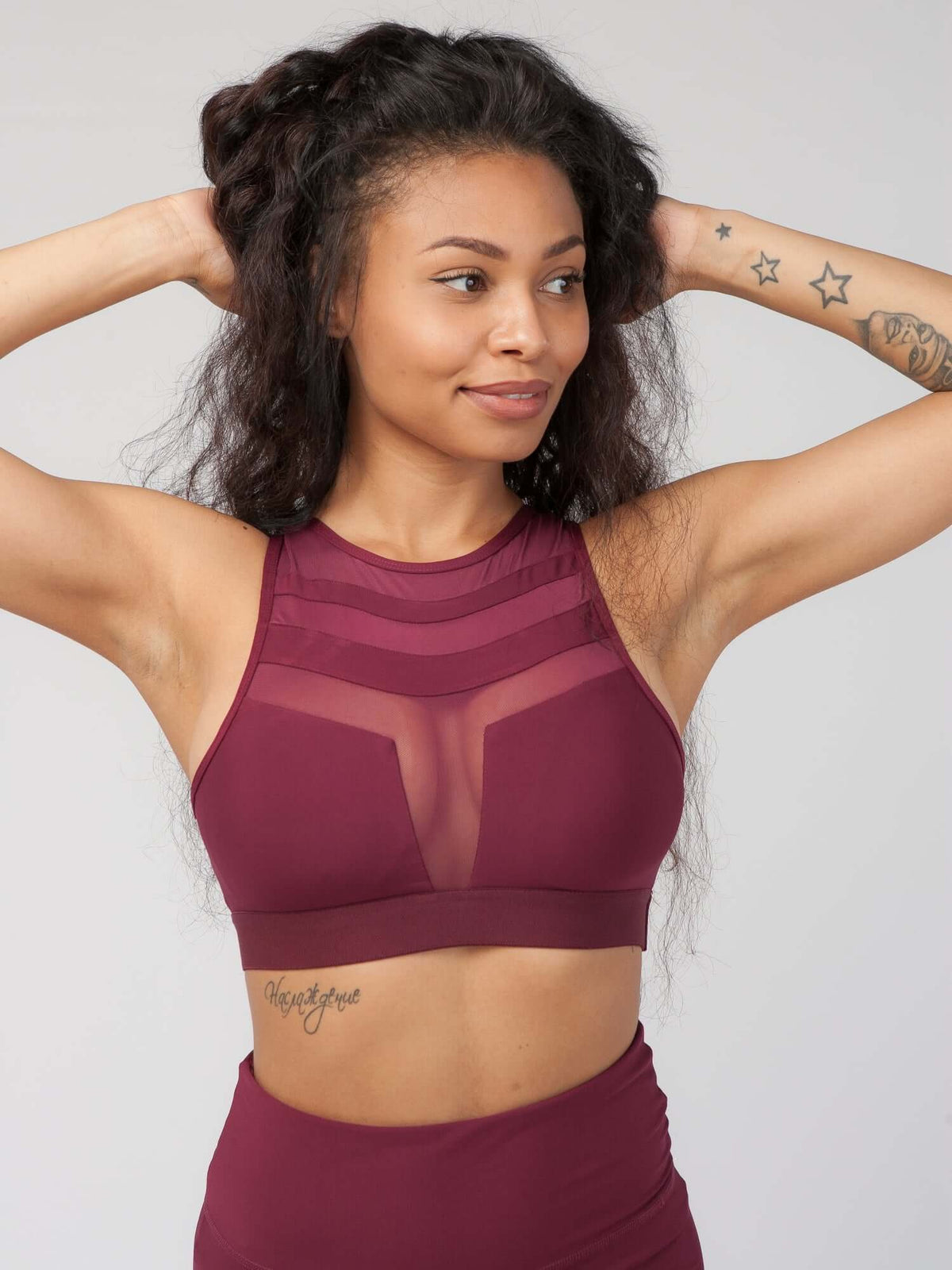 Mesh Panel High-Neck Strappy Sports Bra Apparel & Accessories > Activewear > Sports Bras by Profit Outfits