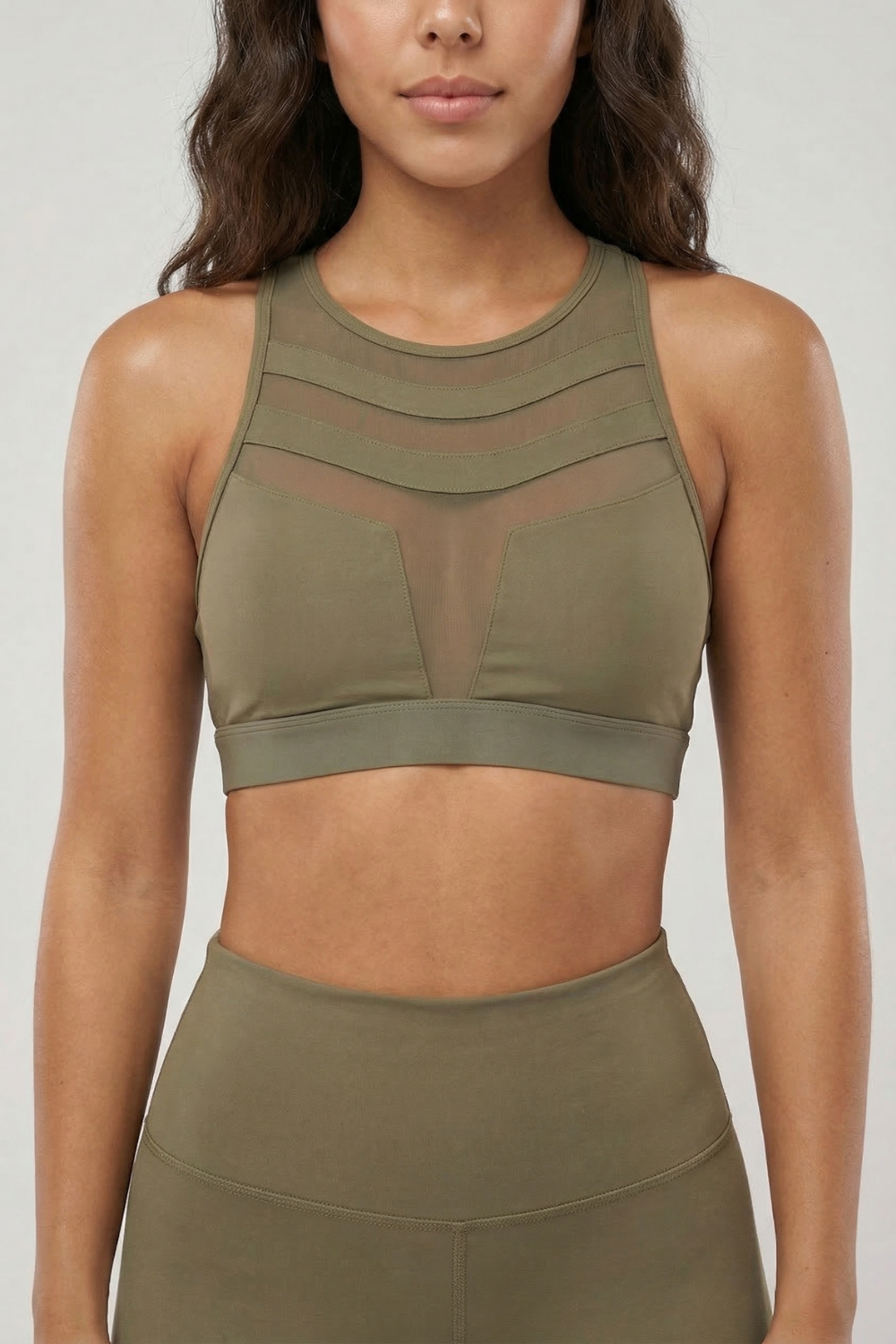 Mesh Panel High-Neck Strappy Sports Bra Apparel & Accessories > Activewear > Sports Bras by Profit Outfits