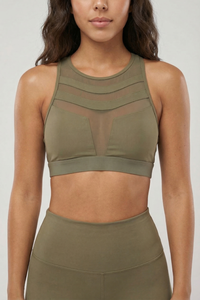 Mesh Panel High-Neck Strappy Sports Bra Apparel & Accessories > Activewear > Sports Bras by Profit Outfits