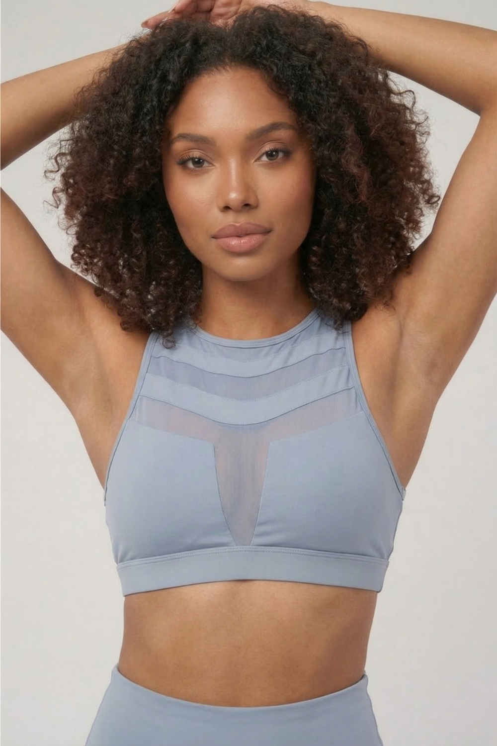 Mesh Panel High-Neck Strappy Sports Bra Apparel & Accessories > Activewear > Sports Bras by Profit Outfits
